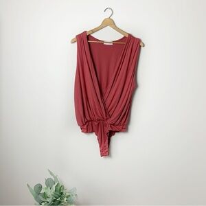 [CBRAND] Women's Red Terracotta Deep V-neck Draped Sleeveless One Piece Bodysuit